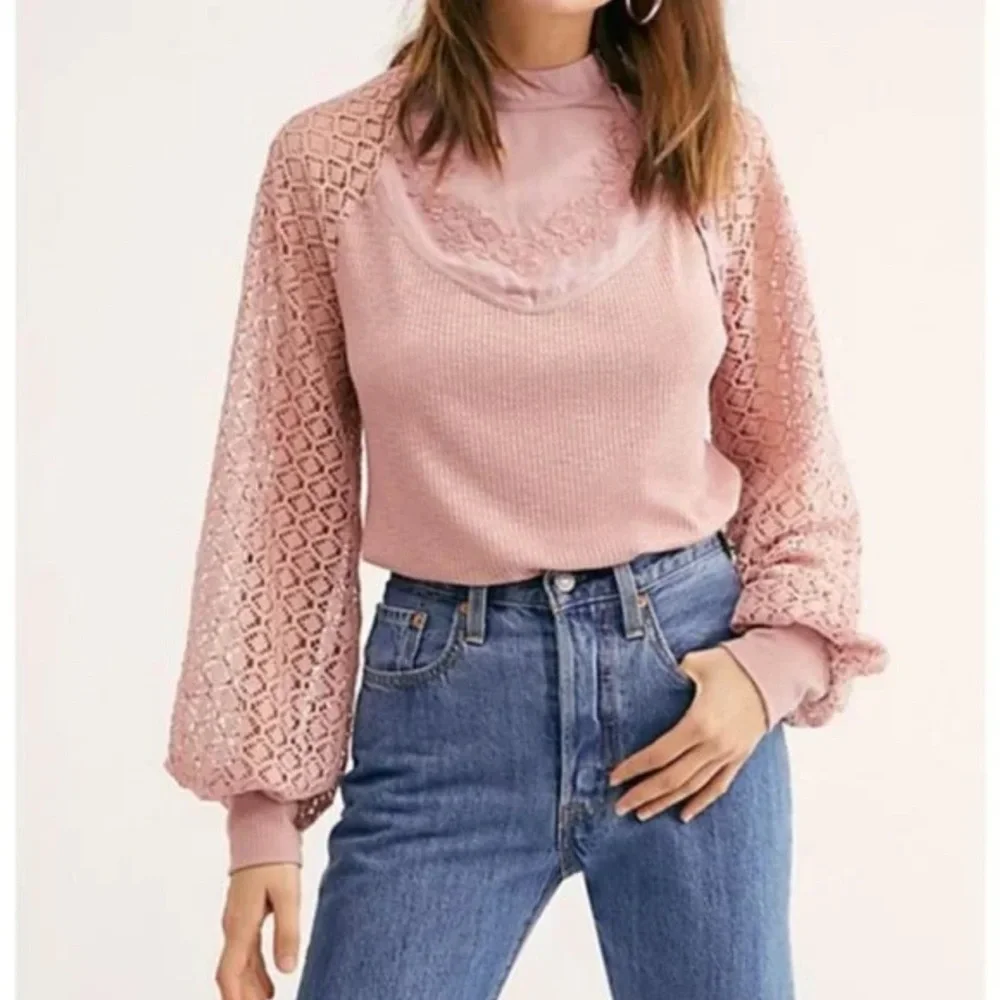 Free People Sweetest Thing Lace Sleeve Pink Blush Thermal Top Size XS
